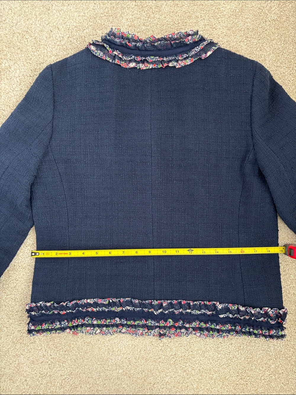 Navy tweed J. Crew Lady Jacket with Liberty floral trim & ruffled edges, size 10 - Picture 9 of 9